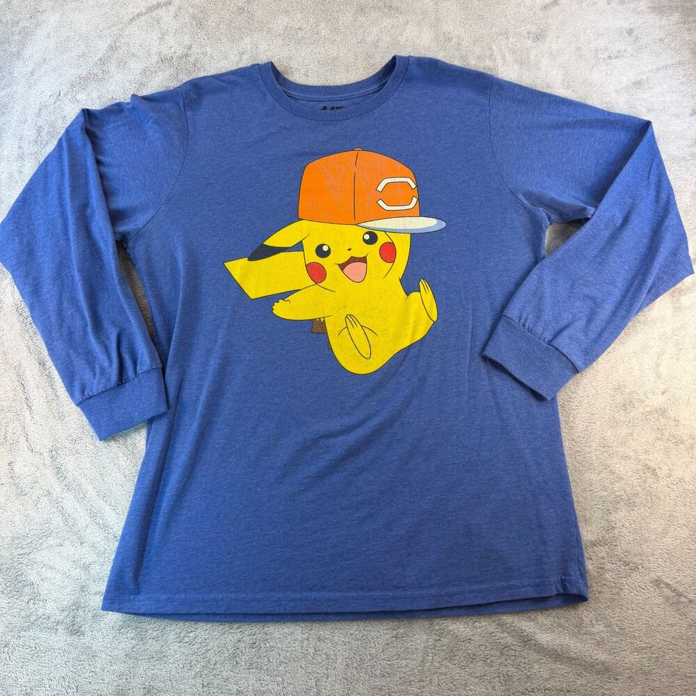 Pokemon Pikachu Graphic Shirt Mens XL Blue Long Sleeve Baseball Cap Tee